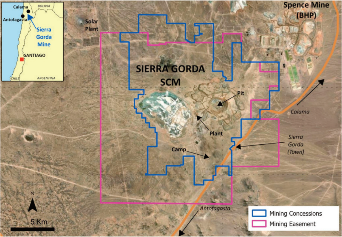 Satellite map: Sierra Gorda SCM and Spence Mine, 20km apart